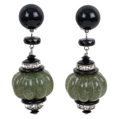 Angela Caputi Dangle Black and Jade-like Resin Clip Earrings