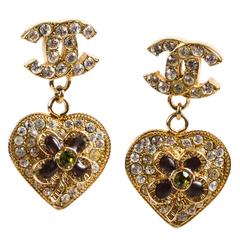 Chanel 05P Gold Tone & Green Crystal & Gripoix Heart & Clover 'CC' Drop Earrings