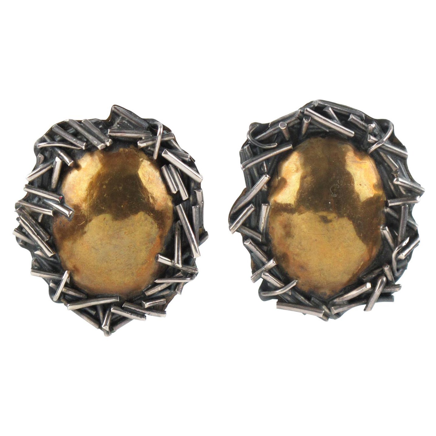 Margaret Ellis Sterling Silver and Bronze Brutalist Clip Earrings