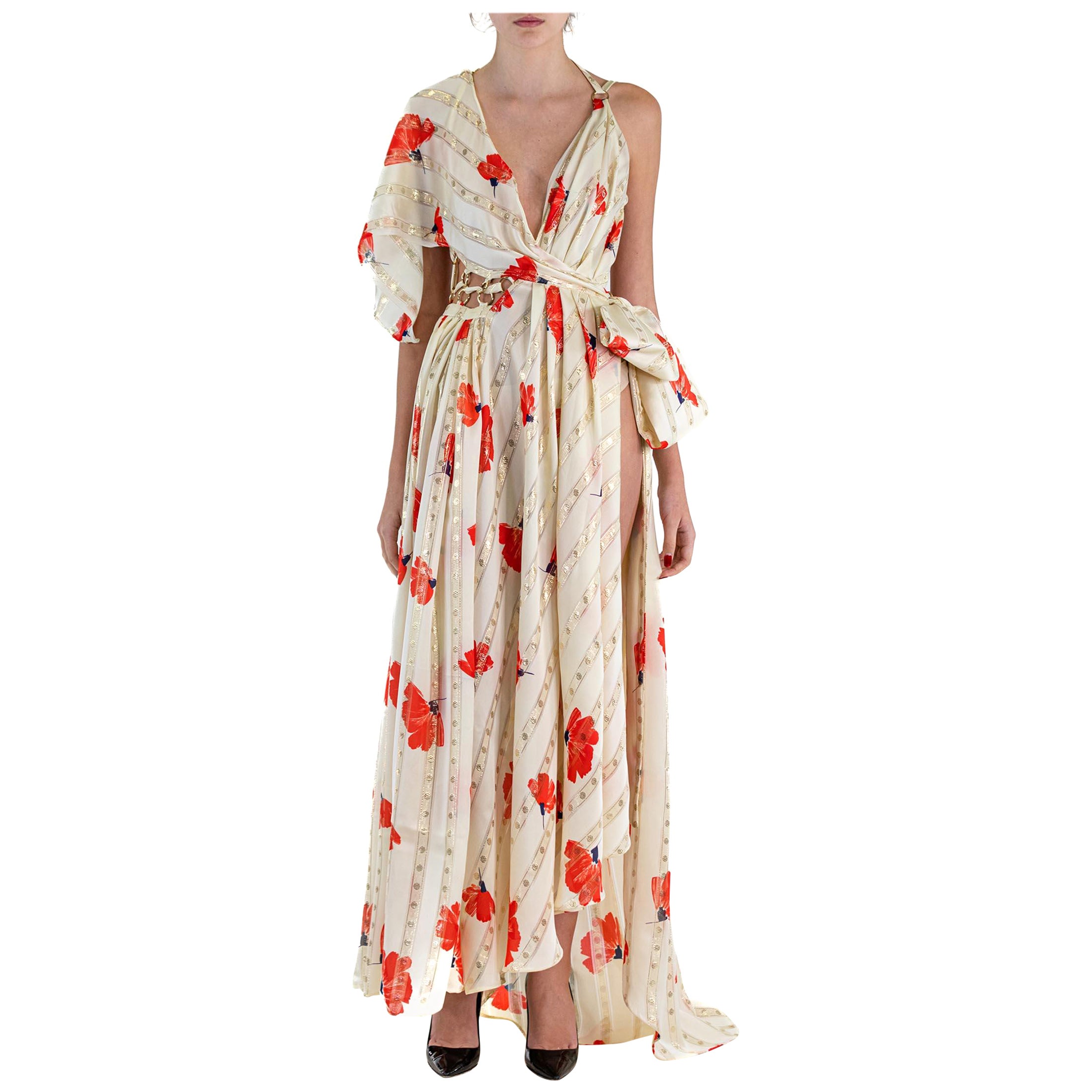 MORPHEW ATELIER Cream & Red Poly/Lurex Lamé Cut-Out Gown With High Slit Bow For Sale