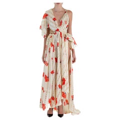 MORPHEW ATELIER Cream & Red Poly/Lurex Lamé Cut-Out Gown With High Slit Bow