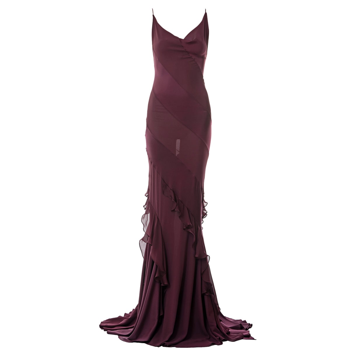 Roberto Cavalli purple silk bias cut evening dress with train, fw 2004