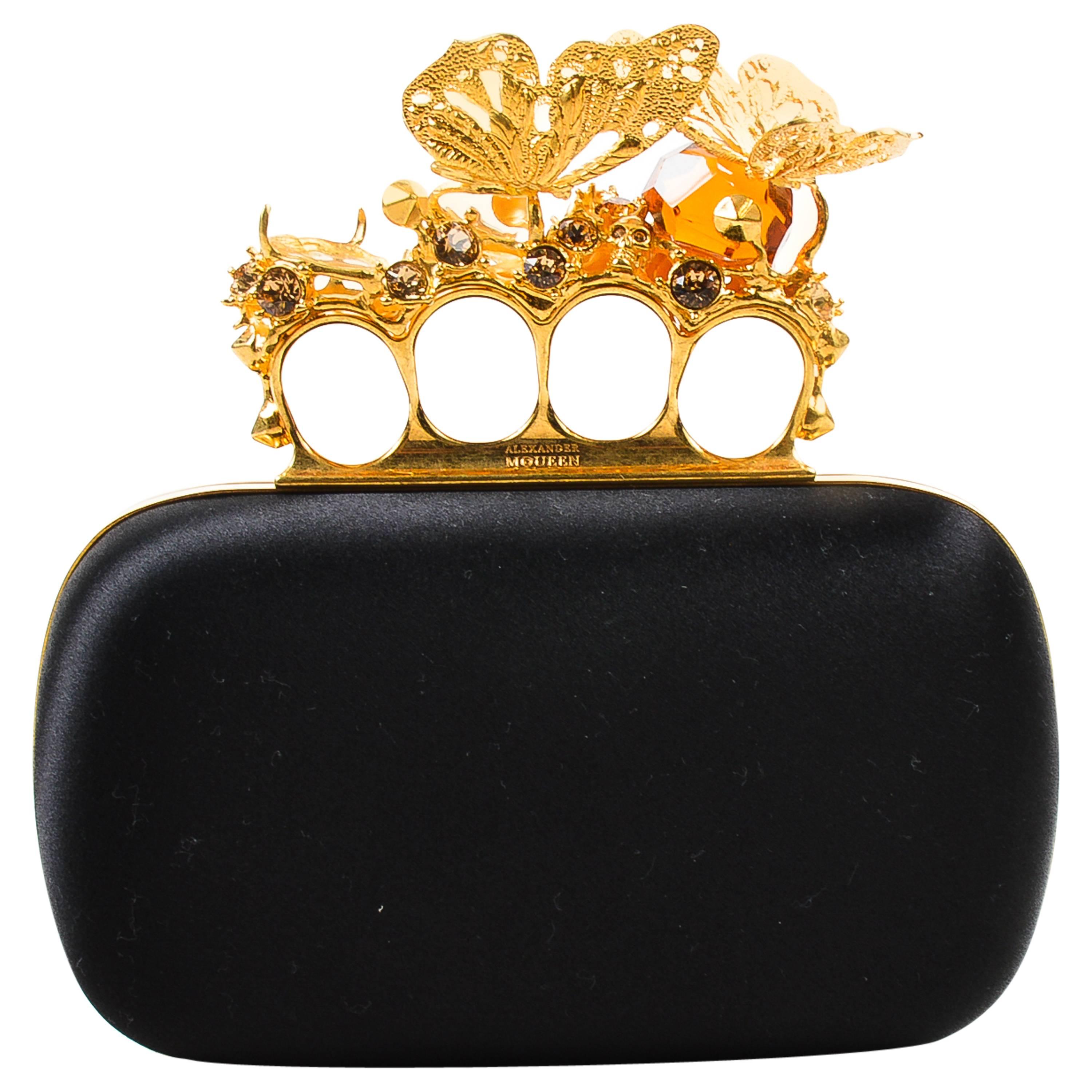 Alexander McQueen Black Satin Gold Tone Crystal Butterfly Knuckle Clutch For Sale