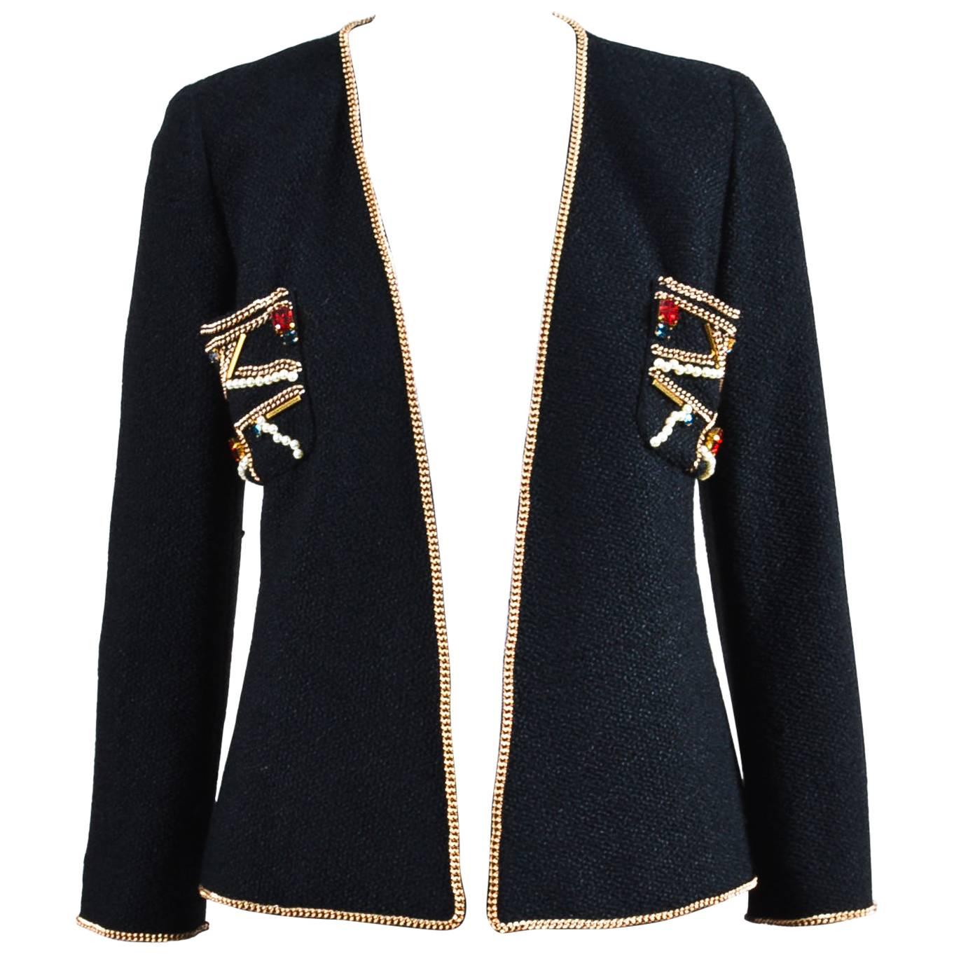 Chanel 09A Black Tweed Gold Tone Chain Faux Pearl Gem Embellish LS Jacket SZ 38 For Sale
