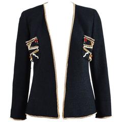 Chanel 09A Black Tweed Gold Tone Chain Faux Pearl Gem Embellish LS Jacket SZ 38