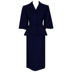 Retro 1950's Lilli-Ann Navy & Pink Polka-Dot Wool Peplum Winged-Sleeve Hourglass Suit