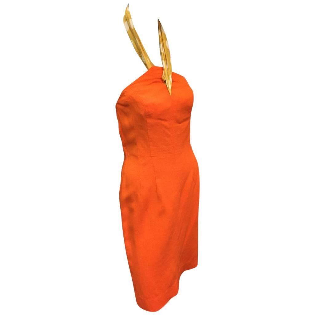 1950s Sexy Marion O'Dare Orange Linen Halter Dress w Scarf Neck