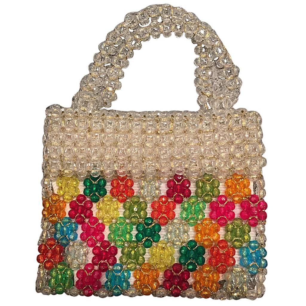 1960s Mod Italian Acrylic Bead Woven Handbag in Jewel Tones