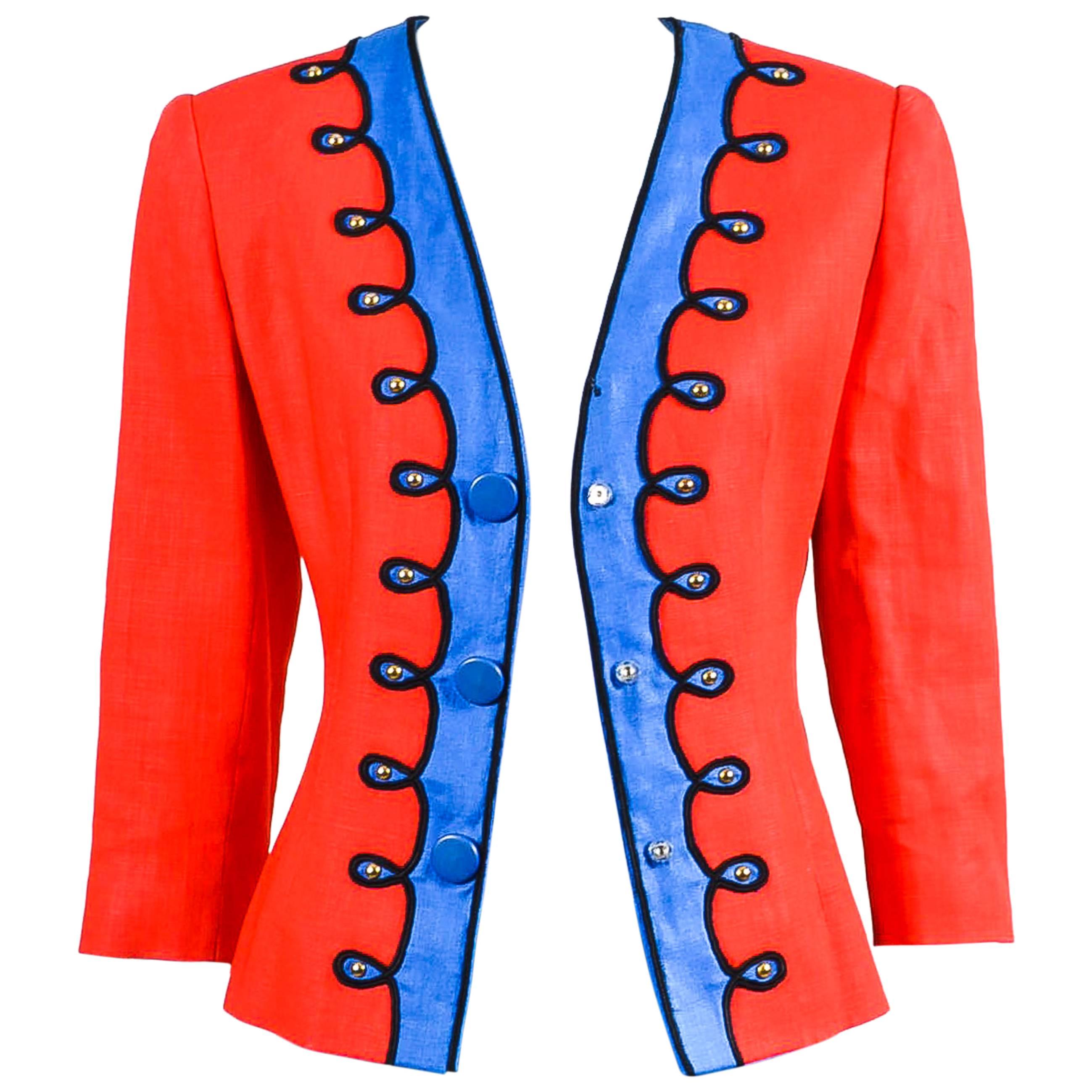 Vintage Givenchy Nouvelle Boutique Red Blue Embroidered Stud LS Jacket For Sale