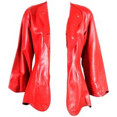 Vintage Jean Muir Red Leather Scalloped Trim Button Down Long Sleeve Jacket SZ 8