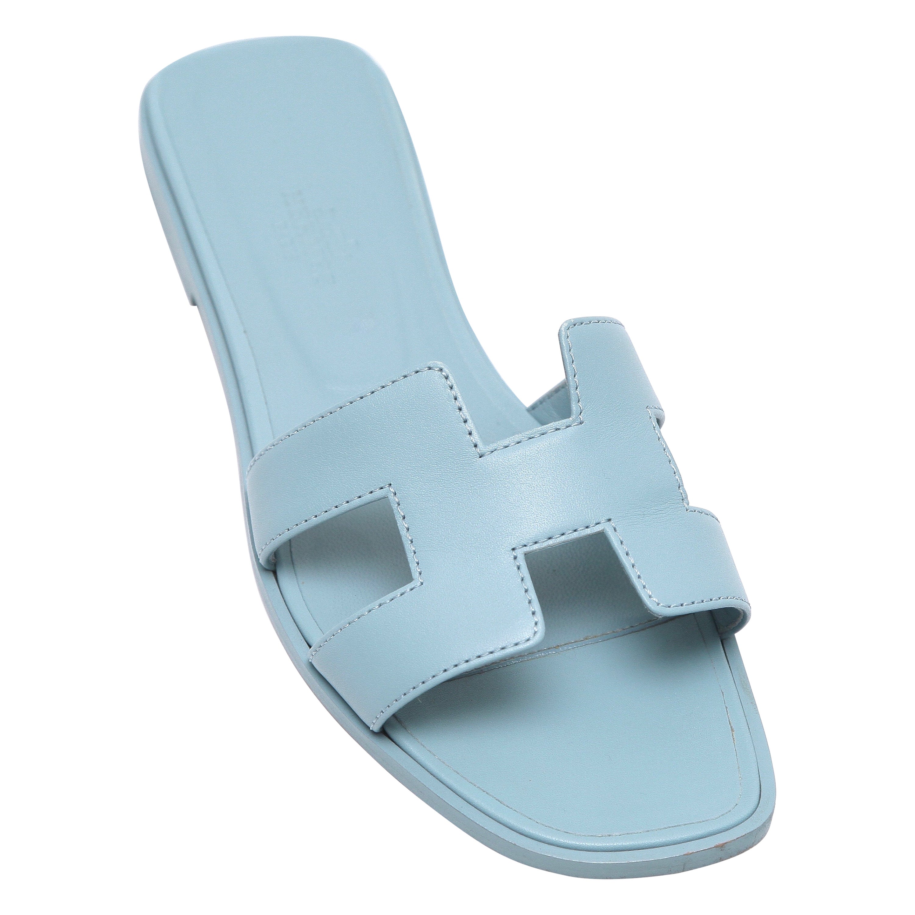 HERMES Blue Leather Slides ORAN Sandals Flat Mule Slip On Shoes Sz 38