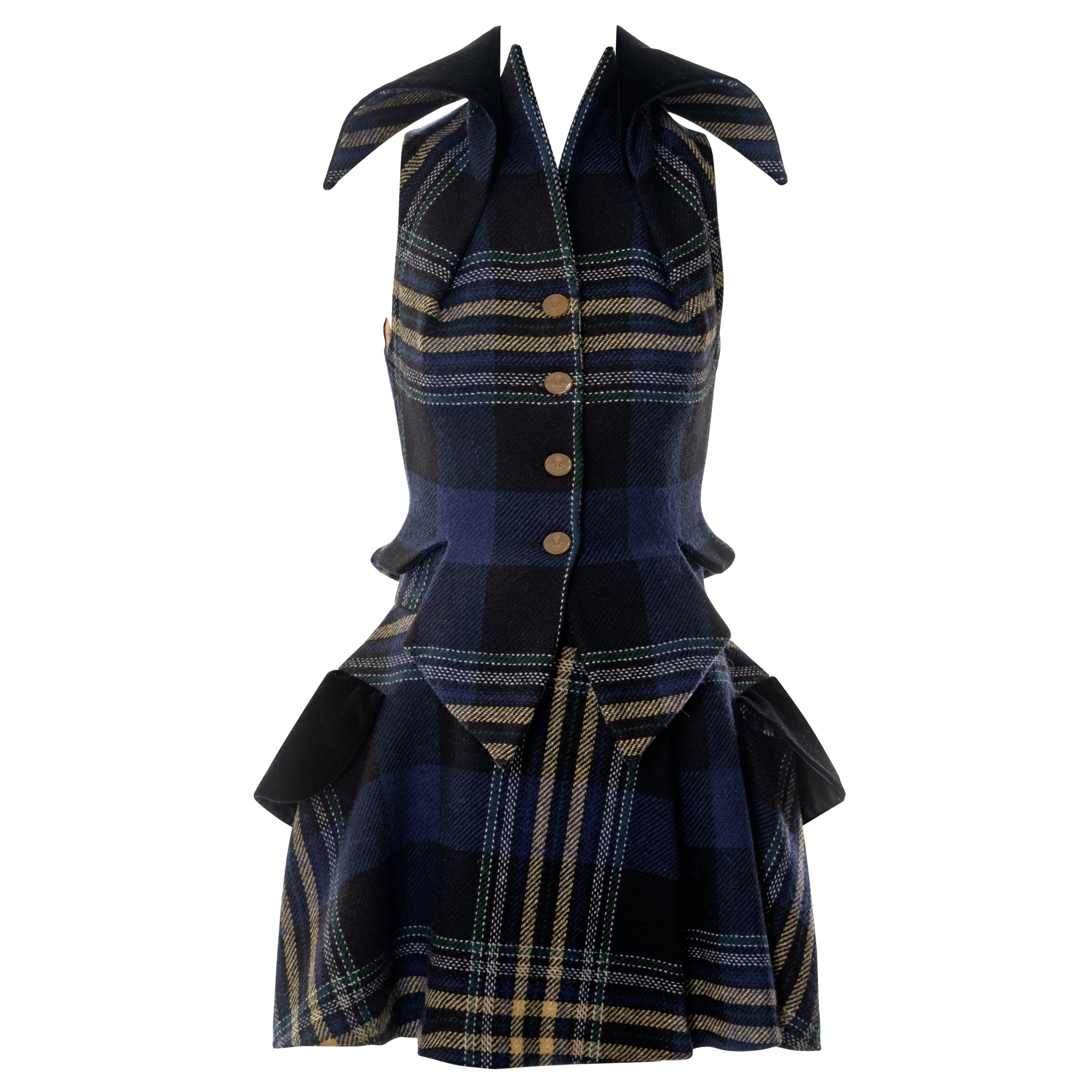 Vivienne Westwood blue tartan wool waistcoat and skirt set, fw 1994 For Sale