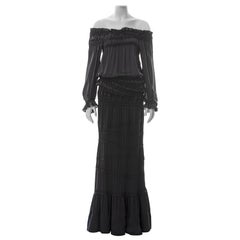 Yves Saint Laurent black silk off-shoulder blouse and maxi skirt set, fw 2001