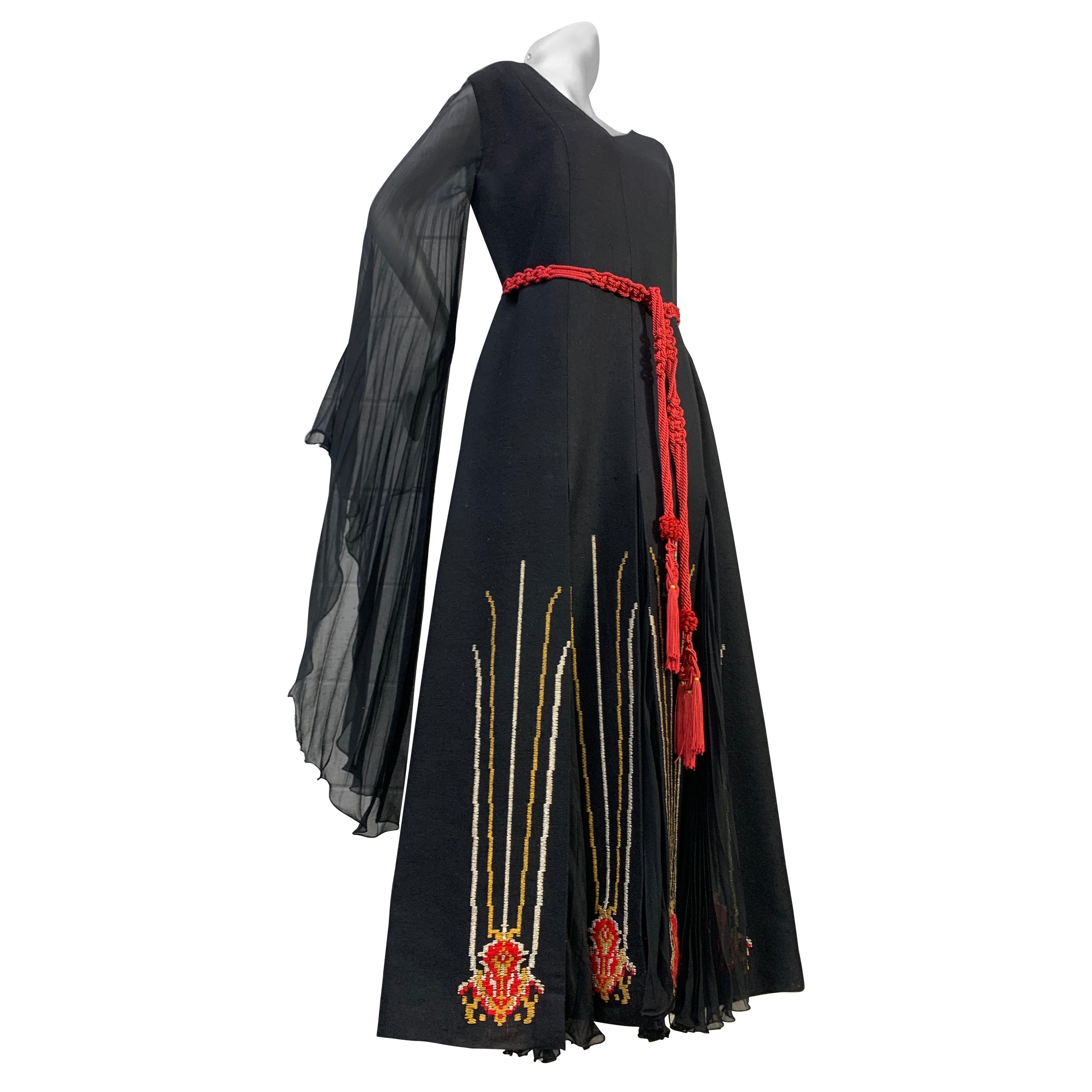 1970s Nikos-Takis Black Wool & Silk Chiffon Folkloric Maxi Dress w Embroidery For Sale