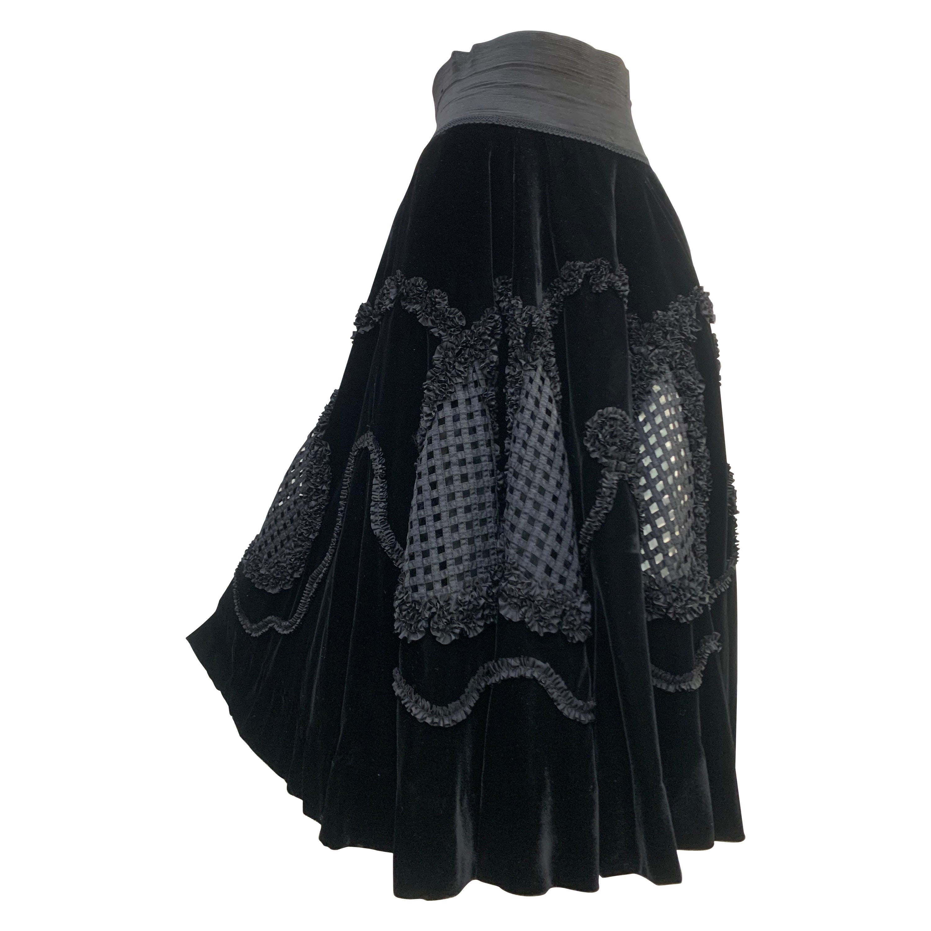 1950s Cadillac Black Silk Velvet Circle Skirt w Wide Waistband & Lattice Design For Sale