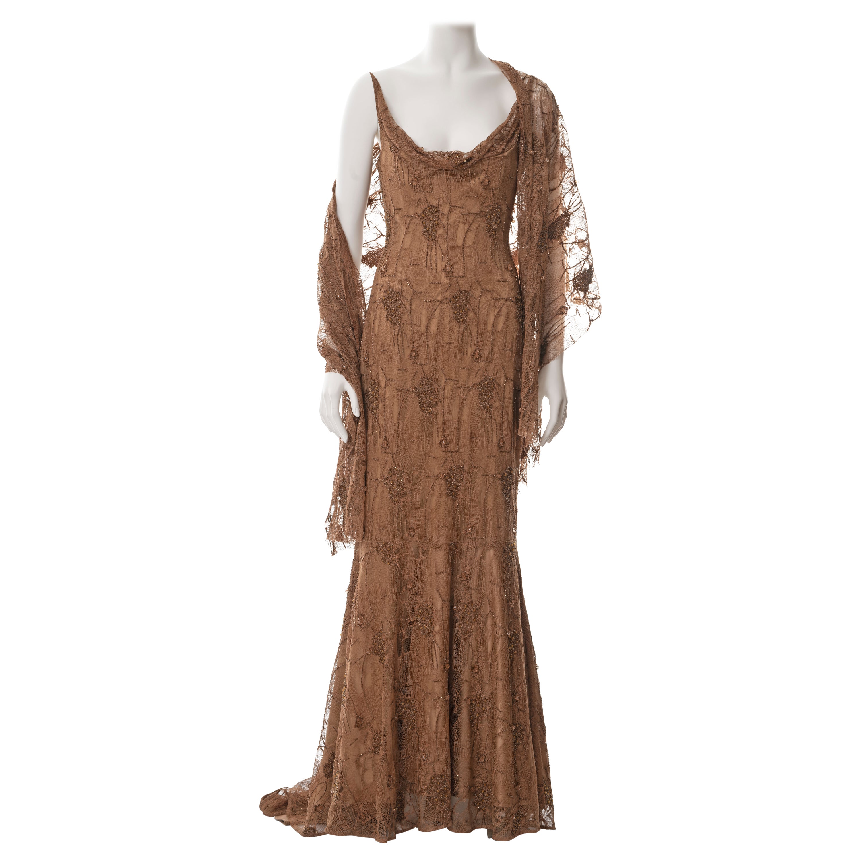 Guy Laroche copper beaded lace evening dress with shawl, fw 2002 For Sale