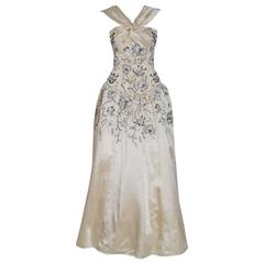 1950's Pierre Balmain Couture Attribute Ivory Beaded Embroidered Satin Ballgown 6