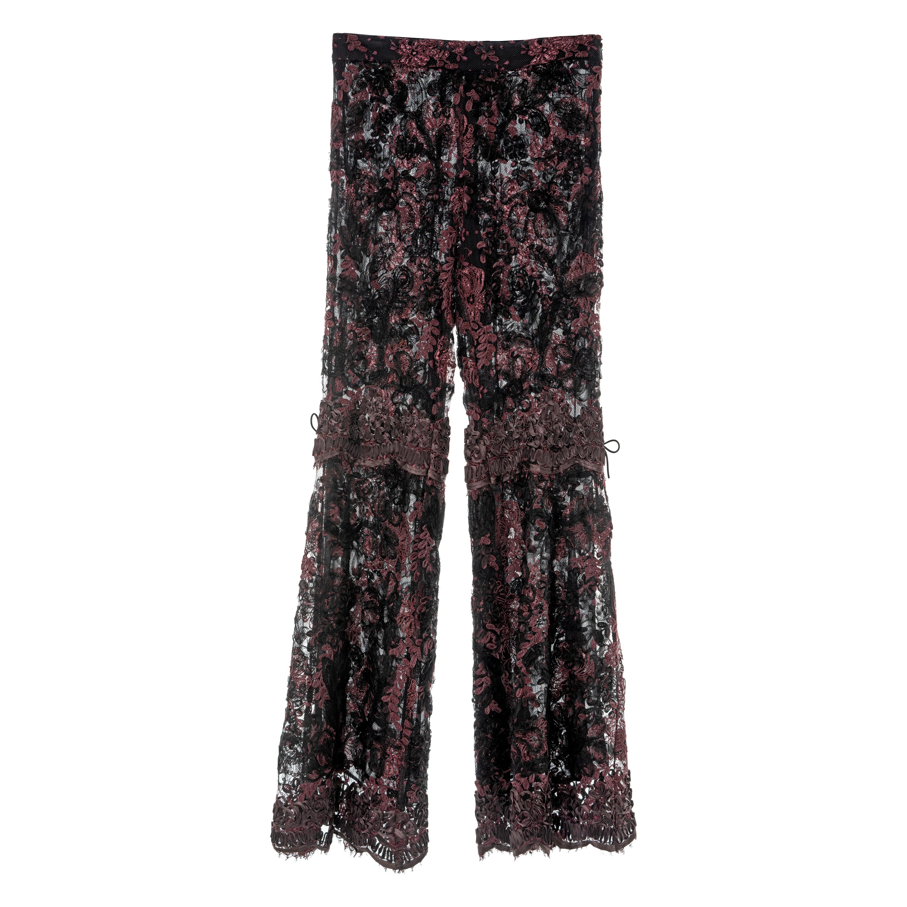 Gucci by Tom Ford burgundy lamé floral lace flared evening pants, fw 1999 For Sale