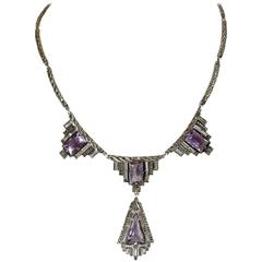 Antique 1920s Amethyst & Marcasite Sterling Silver German Necklace