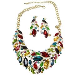 Delightful Multi Color Rhinestone Bib Necklace & Earring Set