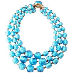 Retro Three Strand Turquoise Murano Glass Necklace 