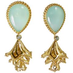 Vintage Amrapali Jaipur Silver Gold Plated Jadeite Glass Drop Earrings