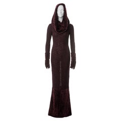 John Galliano burgundy knitted lace and chenille evening dress, fw 1999