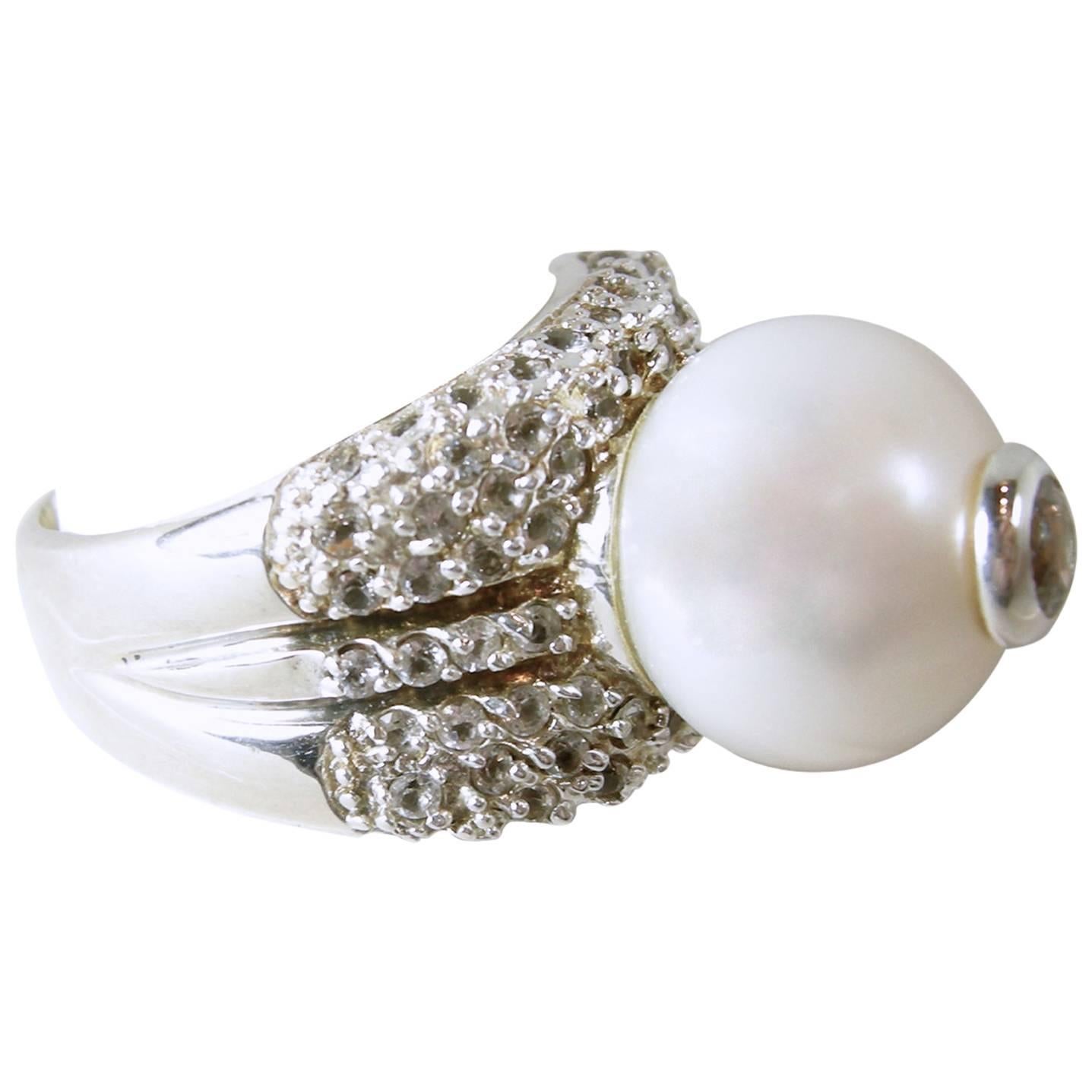 “Ralph Lauren” Sterling Silver Cultured Pearl & White Sapphire Ring  For Sale