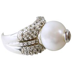 “Ralph Lauren” Sterling Silver Cultured Pearl & White Sapphire Ring 