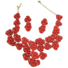 Vintage Oscar De La Renta Red Floral Necklace & Earrings Set 