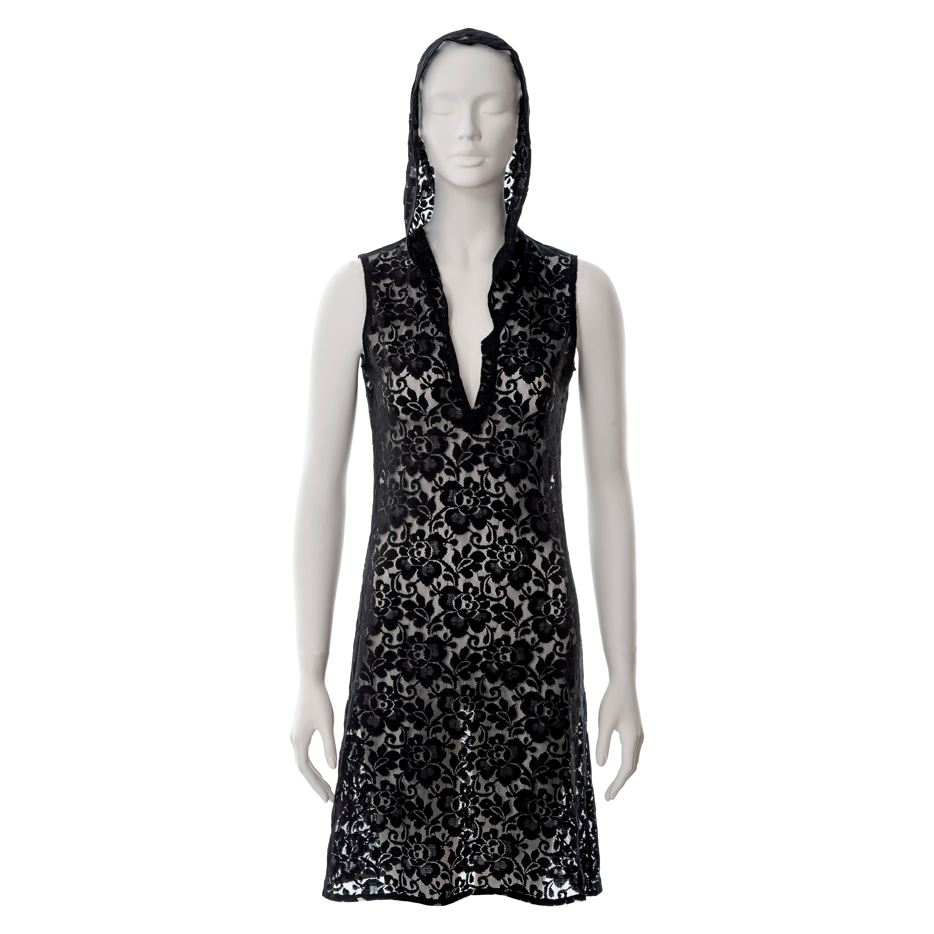 Helmut Lang black lace hooded shift dress, ss 1996