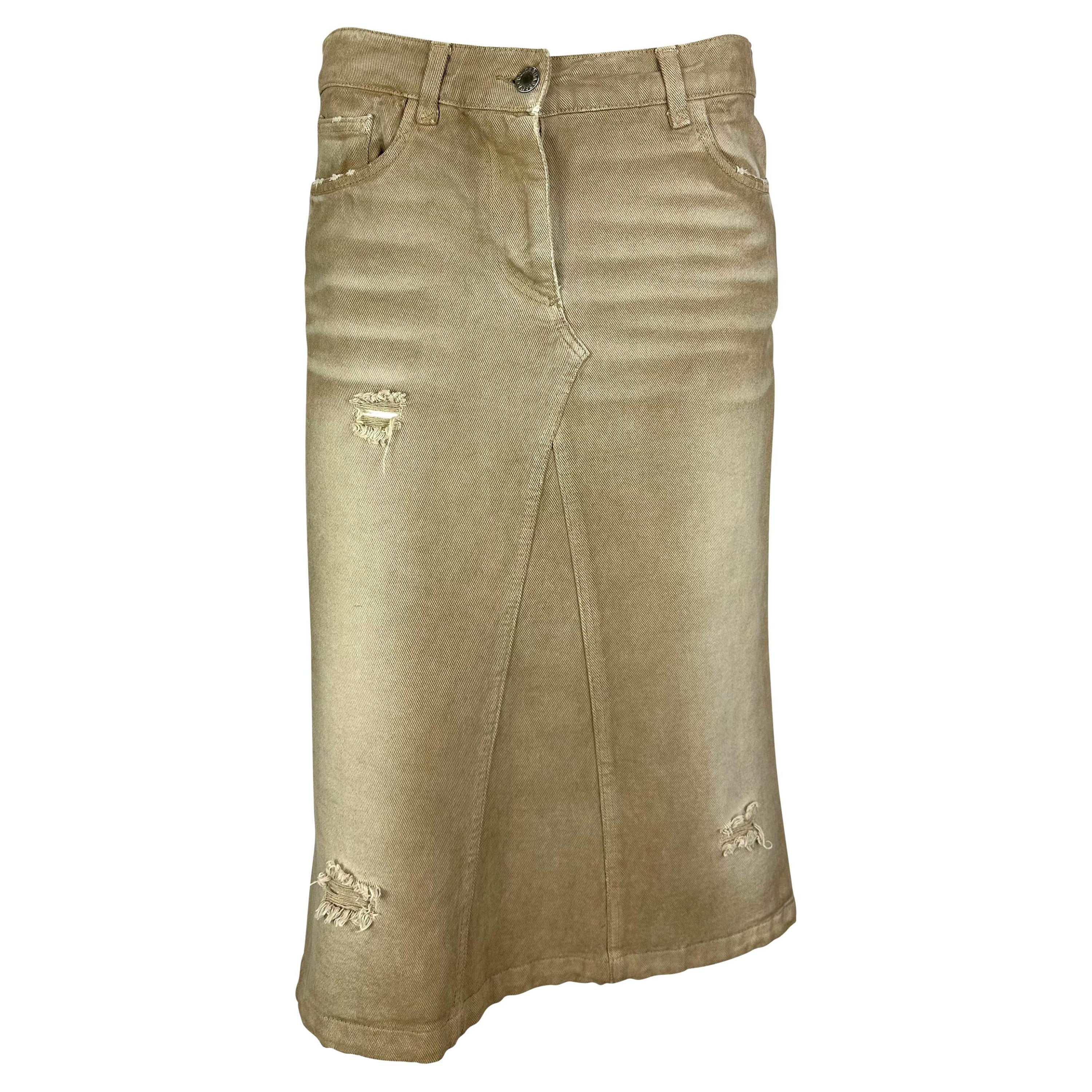 Late 1990s Dolce & Gabbana Beige Distressed Denim Mid-Length Skirt For Sale
