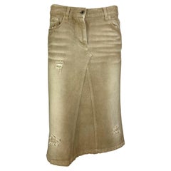Vintage Late 1990s Dolce & Gabbana Beige Distressed Denim Mid-Length Skirt
