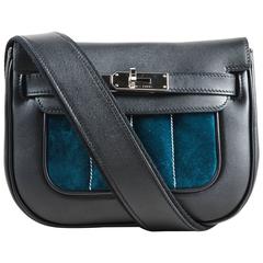 Hermes Rare Black Teal Calfskin Suede Leather "Mini Berline" Shoulder Bag