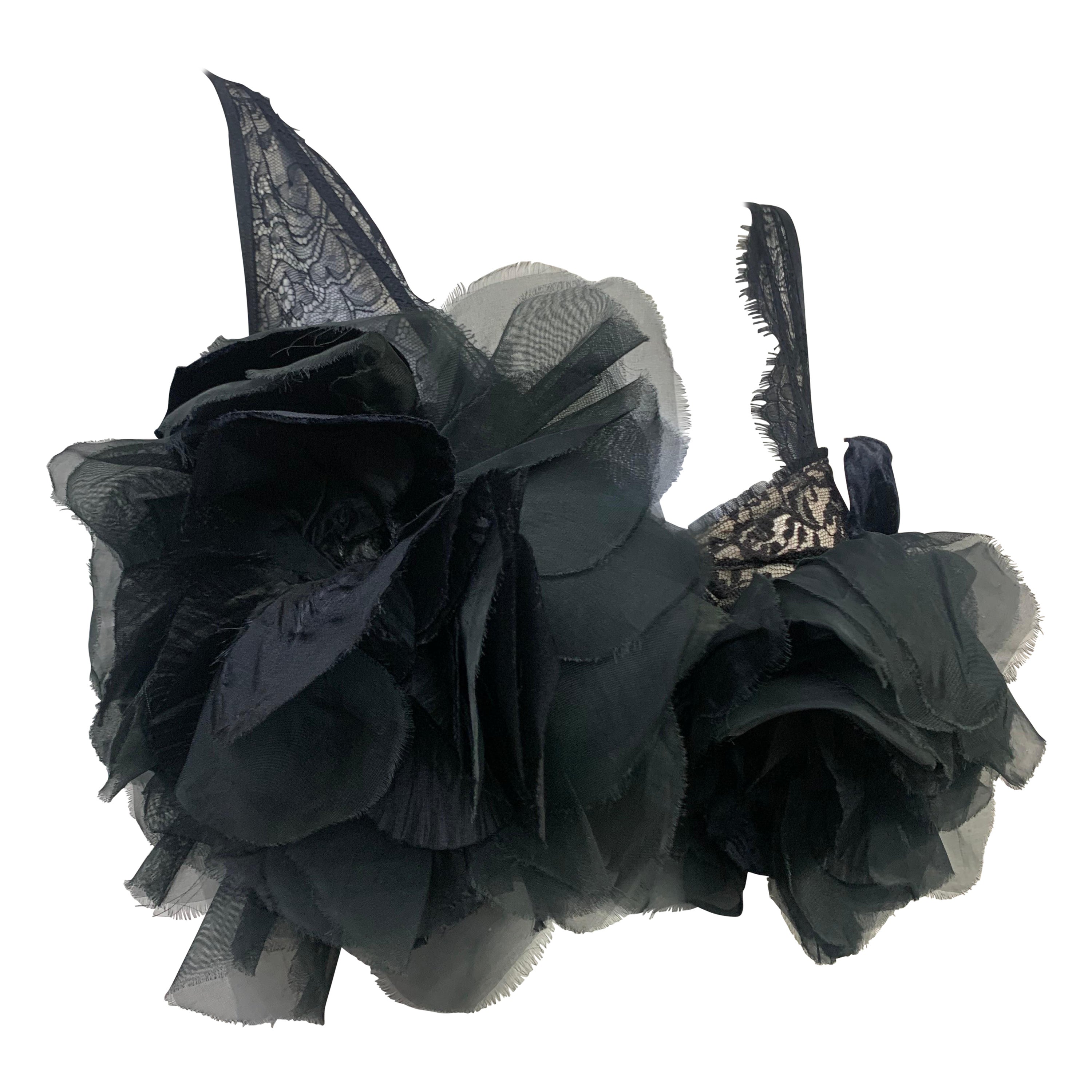 Torso Creations Black Silk Organza & Velvet Floral Embellished 50s Lace Bralette For Sale