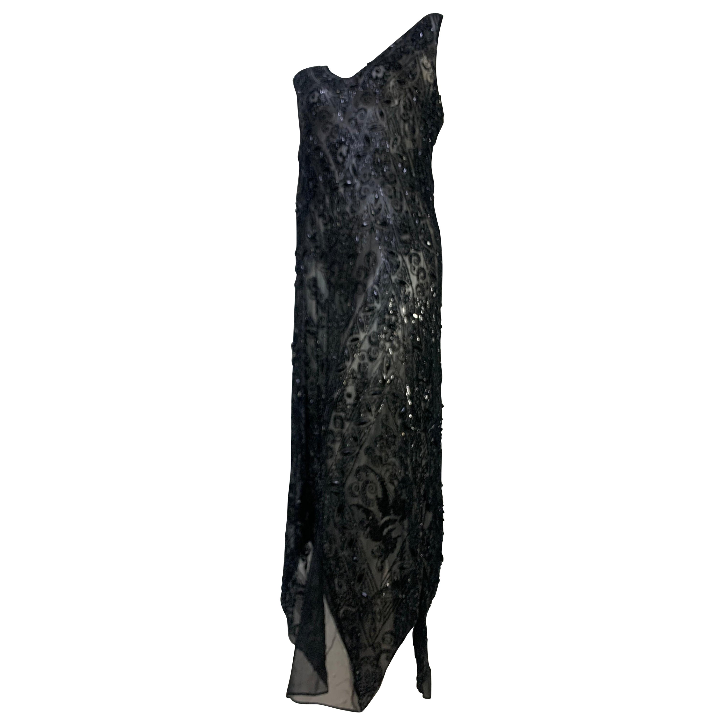 1920s French Jet Beaded Black Silk Chiffon Tunic Gown  For Sale