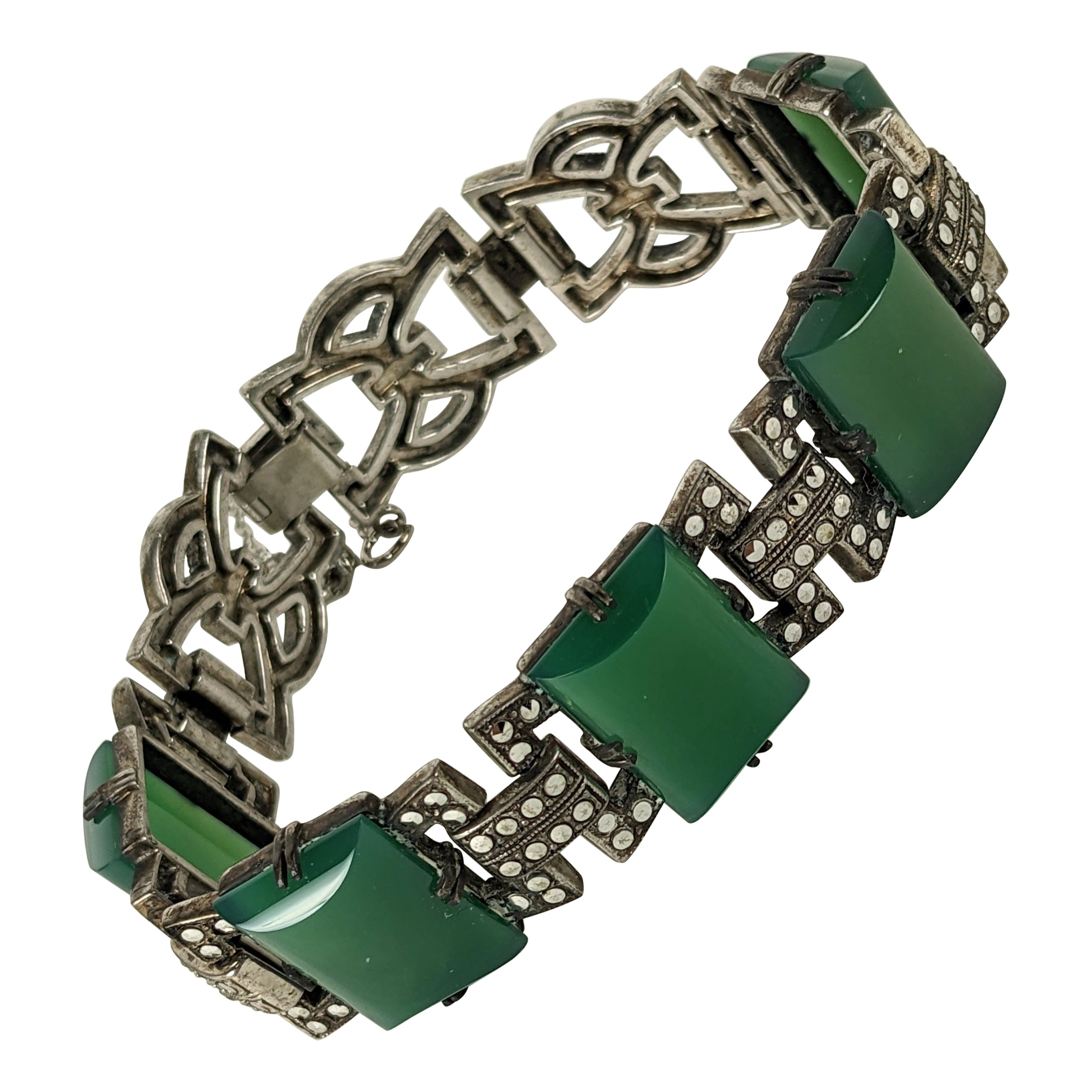 Art Deco Marcasite-Armband aus grünem Onyx