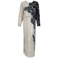 1977 Halston Black & White Beaded Sequin Rose-Garden Silk Dolman Sleeve Gown 5