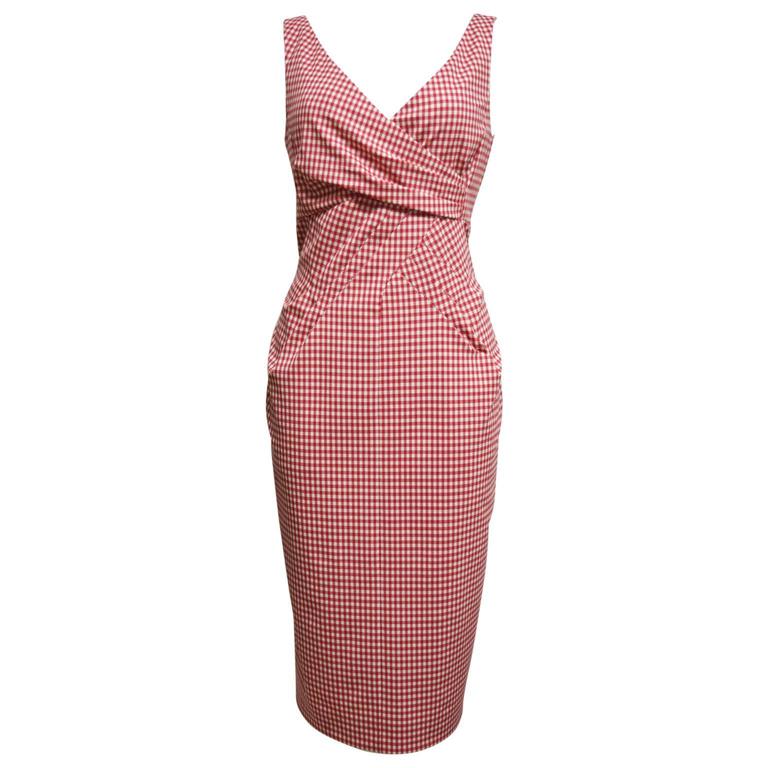 Michael Kors Red and White Gingham Sheath Dress with Crossed Bodice For ...