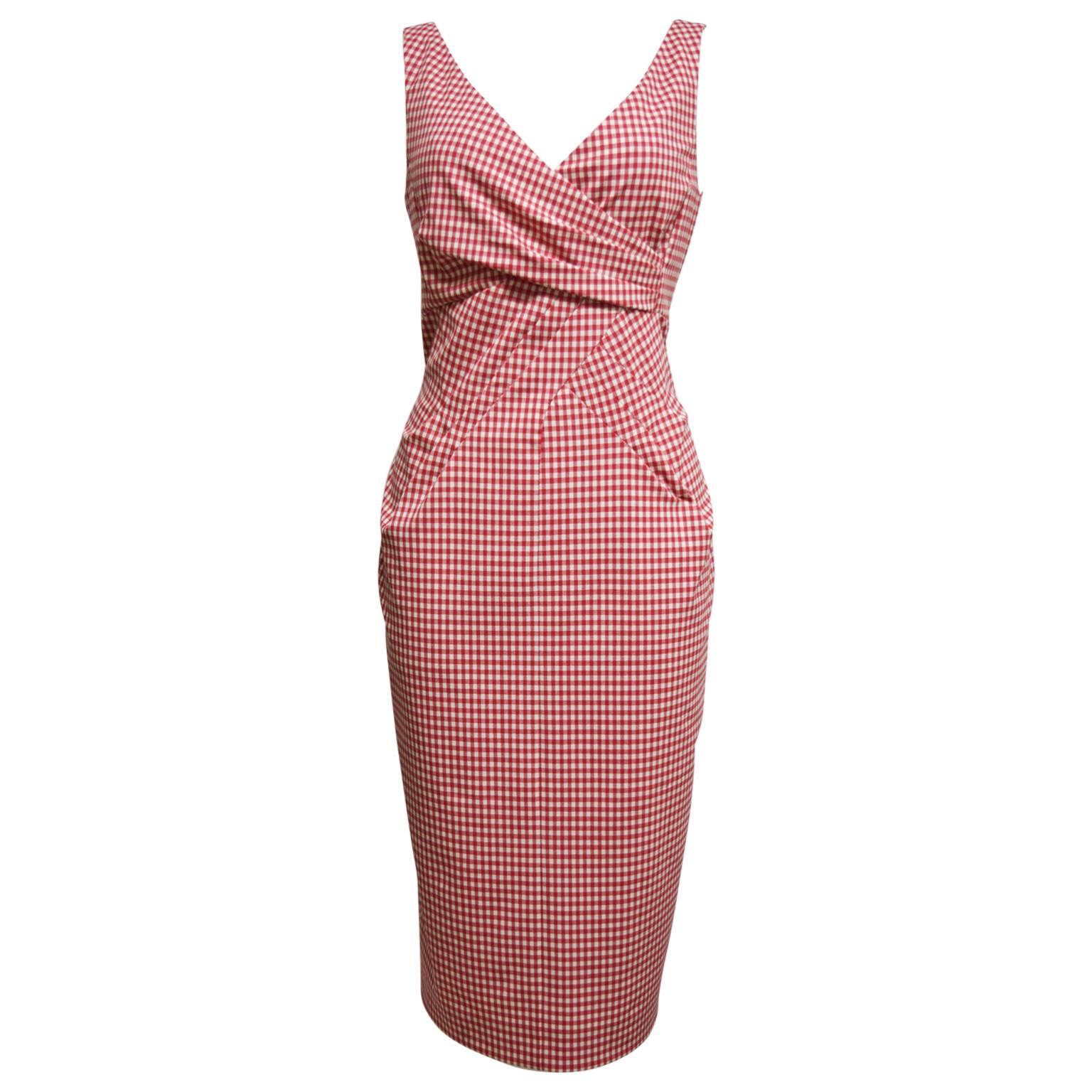 Michael Kors Red and White Gingham Sheath Dress with Crossed Bodice  For Sale