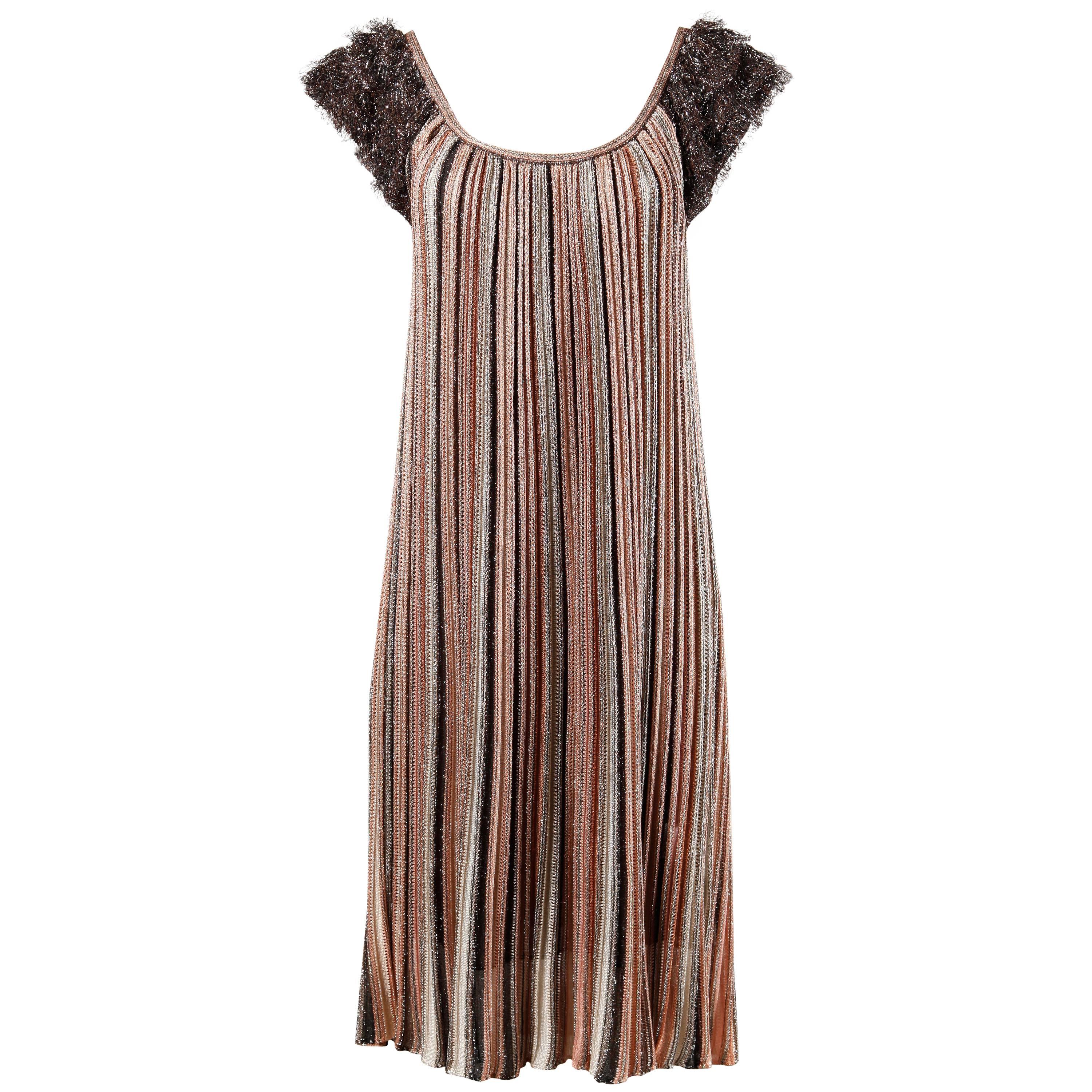 Missoni Metallic Striped Knit Trapeze Dress with Shaggy Fringe Cap Sleeves