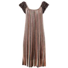 Missoni Metallic Striped Knit Trapeze Dress with Shaggy Fringe Cap Sleeves