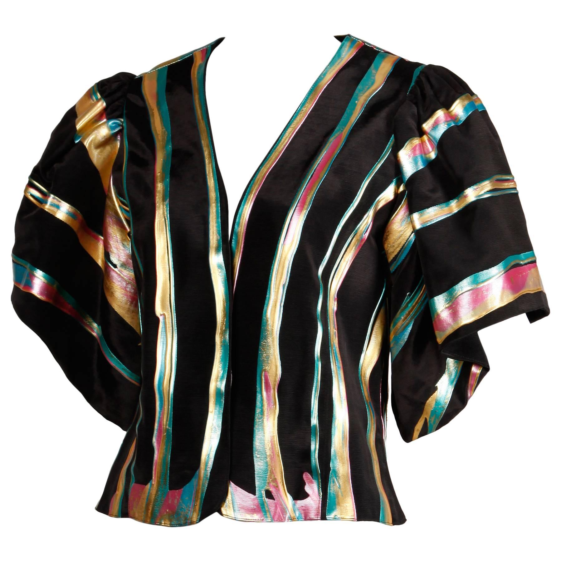 Vintage Hand Painted Metallic Grossgrain Jacket with Puff Sleeves For Sale