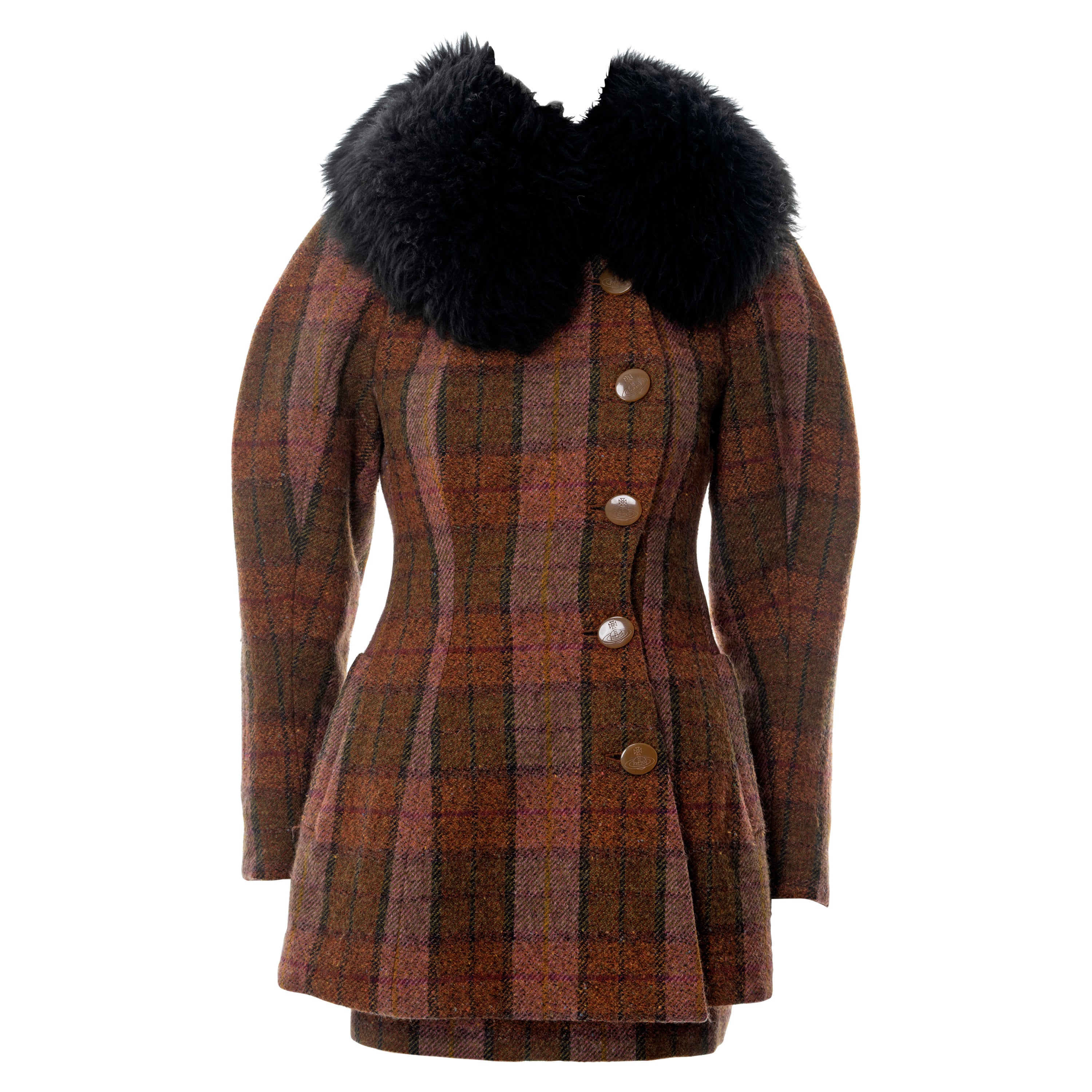 Vivienne Westwood brown tartan tweed skirt suit with sheepskin collar, fw 1995