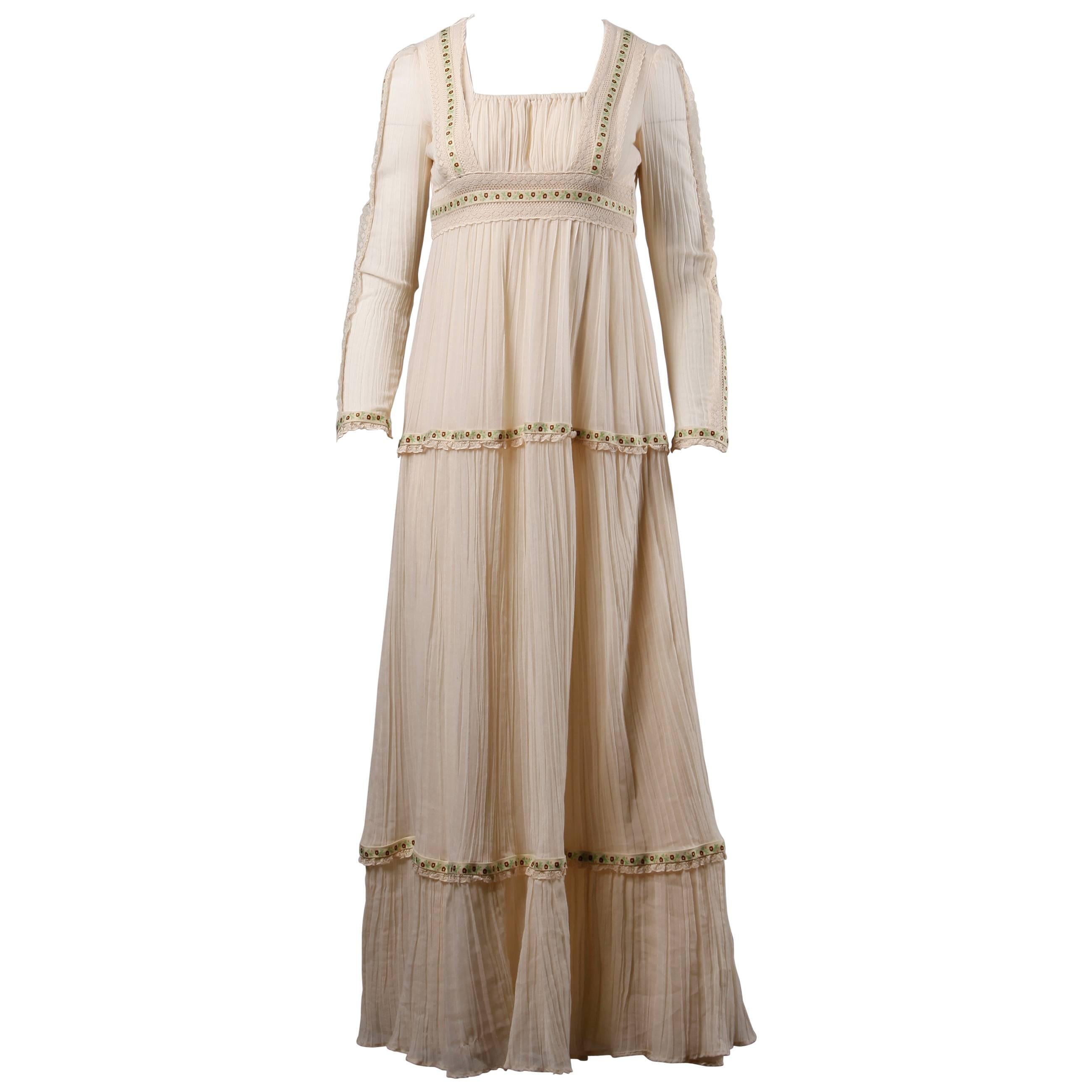 Cotton Gauze Peasant Maxi Dress with Lace Trim, 1970s For Sale