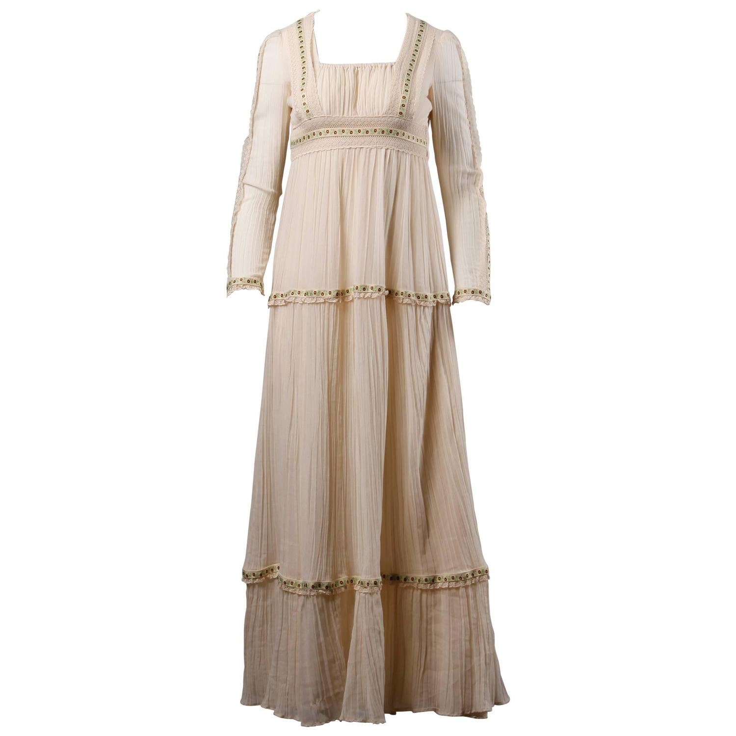 1970s Cotton Gauze Peasant Maxi Dress with Lace Trim For Sale at 1stdibs