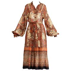 1970s Vintage Jean Varon Indian Paisley Print Dress with Balloon Sleeves