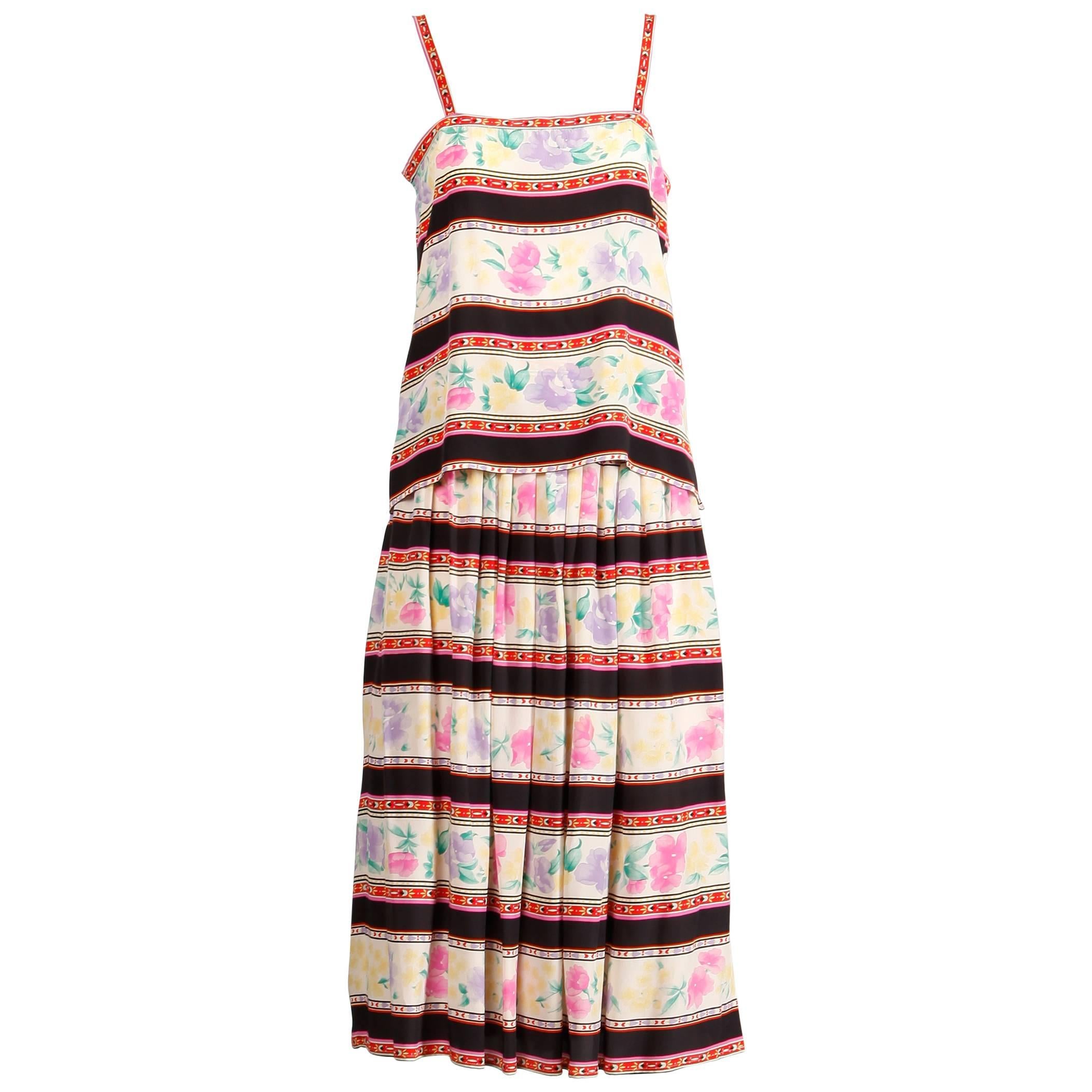 1970s Oscar de la Renta Vintage 2-Piece Silk Tank Top + Skirt Dress Ensemble
