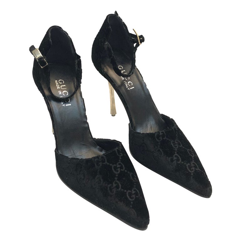 Unworn Gucci Black Velvet Monogram Silver Plated Strap High Heels  For Sale