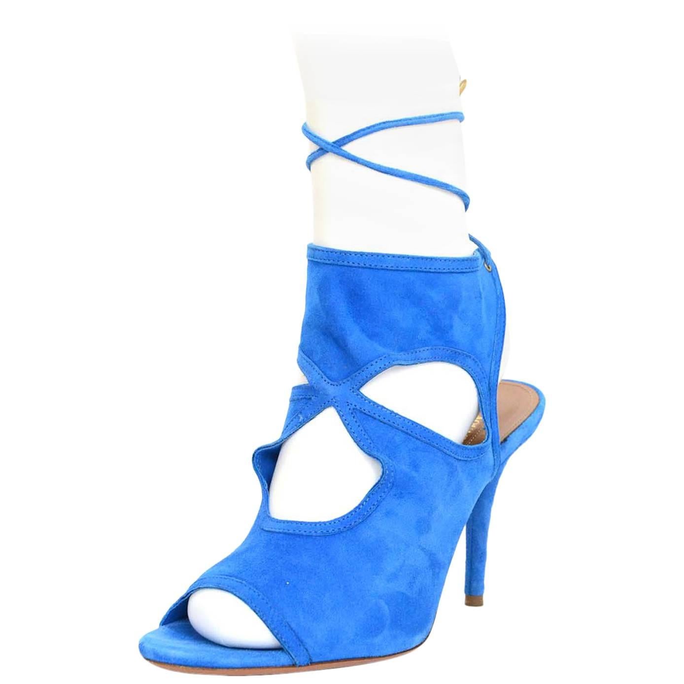 Aquazzura Blue Suede Sexy Thing 105 Cut-Out Sandals sz 38.5 rt. $565